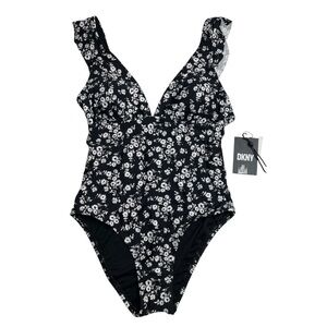 DKNY Ruffle Neck One-Piece Swimsuit Black White Floral Size 4 New